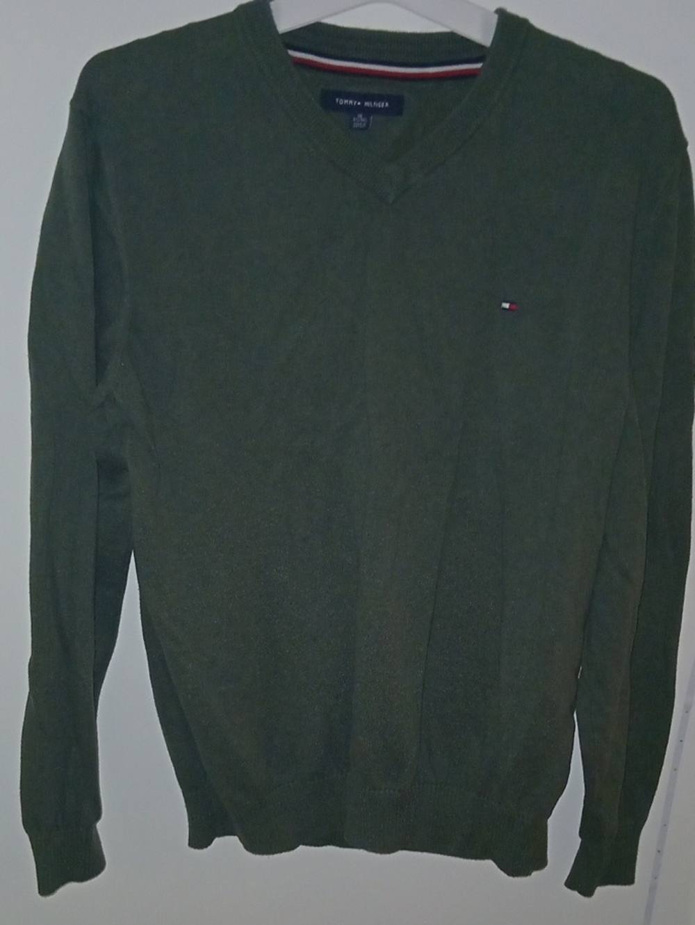Tommy Hilfiger Men's Olive Green V-Neck Sweater with Signature Flag